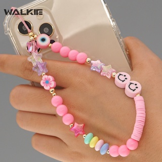 WALKIE Smiley Face Beaded Phone Lanyard Wrist Strap Handmade Rainbow Polymer Clay Acrylic Beads Pearl Bracelet Keychain for Women