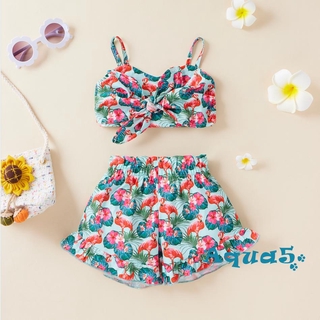 AQQ-Baby Girl Camisole + Shorts, Flamingo Print, Bow Decoration Cool Summer Clothing