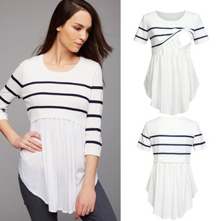 ✐tracymic ✐Women Mom Pregnant Nursing Baby Maternity Short Sleeved Striped Blouse Clothes