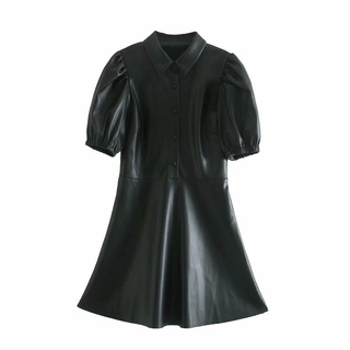 2020 Fall Faux Leather Mini Pu Leather Skirt Dress R4-36301 (4)