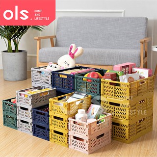 OLS Foldable Stackable Storage Box Basket Bin Plastic Container Organizer with Handle Car Trunk
