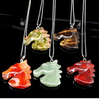 Natural Crystal Carved Horse Head Pendant Necklace Men and Women Jewelry DIY Sweater Chain Jewelry