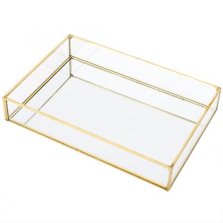 Nordic Retro Storage Box Tray Golden Rectangular Glass Cosmetic Box Tray Dessert Tray Jewelry