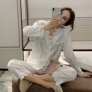 Pajamas women satin silk long-sleeved Korean style cute white princess sleepwear style lace suit can be worn outside