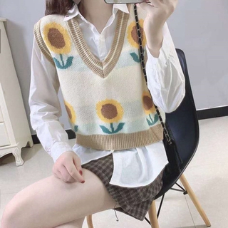 Women's Korean Sleeveless V-Neck Sunflower Knitted Vest