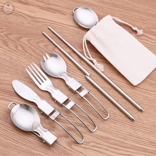 Hot Sale Stainless Steel Foldable Camping Spoon Fork Chopsticks Flatware Utensil Set+Bag High Quality