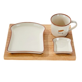 Breakfast Ceramic Bread Toast Shape Plate and Mug Set with Tray [Modern House Korea]