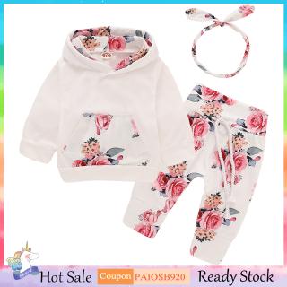 SUGAR Kids Baby Girl Set Cotton Floral Long Sleeve Hoodie Tops + Pants + Headband Clothes