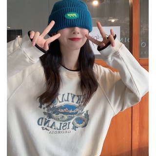 Women Korean Fashion Retro Print Sweatshirt Loose Oversize Long Sleeve Round Neck Sweater