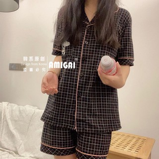 Korean Couple Pajamas Plaid Snoopy Summer Pure Cotton Girls Half-Sleeved Homewear Boys Cardigan Casual Suit Loose Large Size Clothing Japanese Cute Thin Style (6)