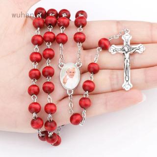 Pope Rose Scented Perfume Wood Rosary Beads JESUS Cross Necklace Catholic