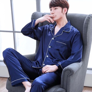 Men Clothes۩۩Men's Pajamas Silk Pajama Set Long Sleeve Cardigan Shirts + Pants Sleepwear Set Casual