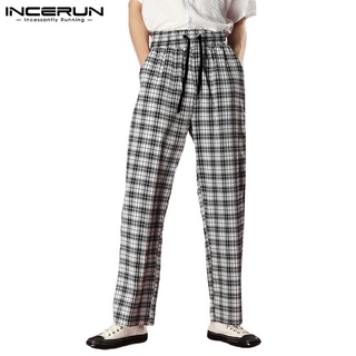 INCERUN Men Comfy Fashion Elastic Waist Drawstring Checkered Loose Long Pants