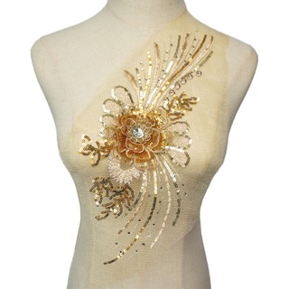 Gold Embroidery Sequin Flower Fabric Lace Applique Sew Collar Patch Wedding Dress Bridal DIY Craft