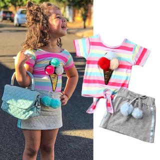 ✿KIDSUP✿2pcs Kids Baby Girls Clothes Stripe T-Shirt Tops + Mini Dress Skirt Outfits Set (2)