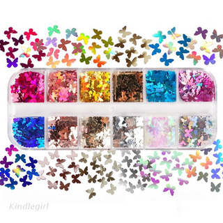 KING 12 Grids/Box Holographic Glitter Butterfly Shape Sequins Epoxy Resin Filling DIY Crafts Jewelry Making Flake Nail Art Glitter Decoration