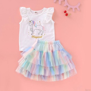 ♕ babyme ღ Baby Girl Sleeveless Cotton Cartoon Pattern T-shirt + Mesh Skirts
