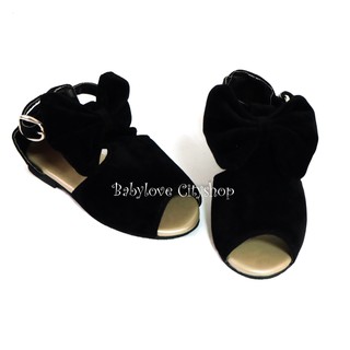 Peeptoe Ribbon Shoes Black Kids Shoes (1)