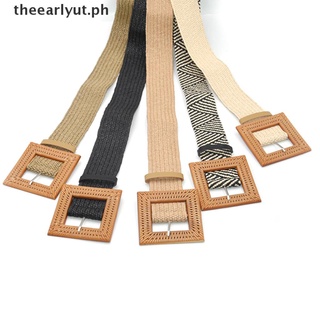 【theearlyut】 Elastic Woven Straw Waist Belts Square Buckle Adjustable Waistband Boho Belts PH