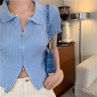 【Ready Stock】C&M Blue Short Sleeve Double Sliders Zipper Rib Knit Polo Neck Crop Top For Women (5)