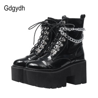 Gdgydh Patent Leather Gothic Black Boots Women Heel Sexy Chain Chunky Heel Platform Boots Female Pun