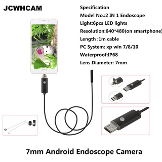 JCWHCAM 2In1 Snake Endoscope 1M/3.3FT 7mm 6 LEDs Waterproof Borescope Micro USB Inspection Video