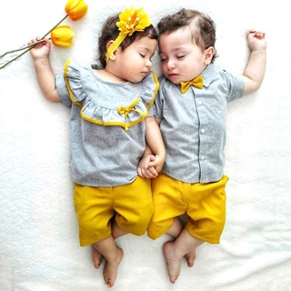 Summer 2020 Siblings Matching Clothes Newborn Baby Sister Brother Sets Soft T Shirt &Yellow Shorts