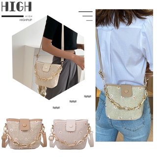 Highpup❥Daisy Woven Shoulder Bags Straw Bucket Women Beach Travel Chain Handbags
