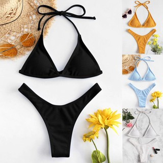 [Ladymiss] Women Sexy Solid Push Up High Cut Lace Up Halter Bikini Set Two Piece Swimsuit (1)