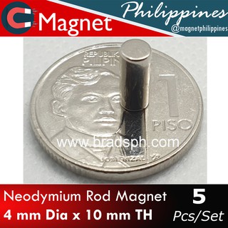 5 Pcs. Neodymium Magnet 4mm Dia. x 10mm H Super Strong Rare Earth NdFeB Small Round Long Rod Magnet