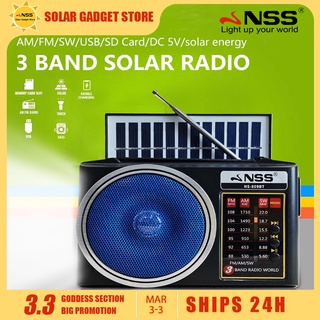 NSS solar FM/AM/SW3 band radio with built-in wireless speakers and powerful LED lights NS-809BT