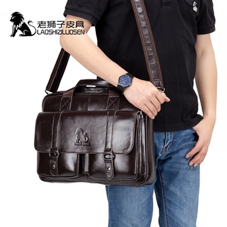 【New】LAOSHIZI Genuine Leather Messenger Bag for Men Padded 14 Inch Laptop Briefcase