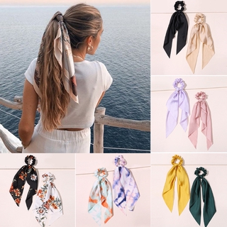 French Retro Printing Bow Ribbon Scrunchie Silk Long Ribbon Ins Girls Hair Tie