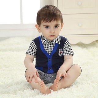 Baby Boy Plaid Collar Shirt with Vest Onesie