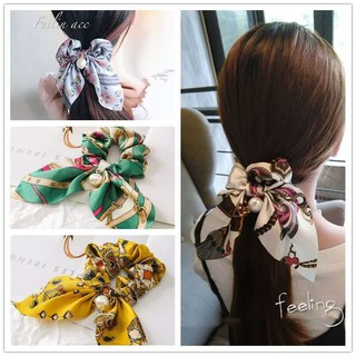 Chiffon Ribbon Bow Hair Band with Elastic Pearl Pendant Fashion for Women