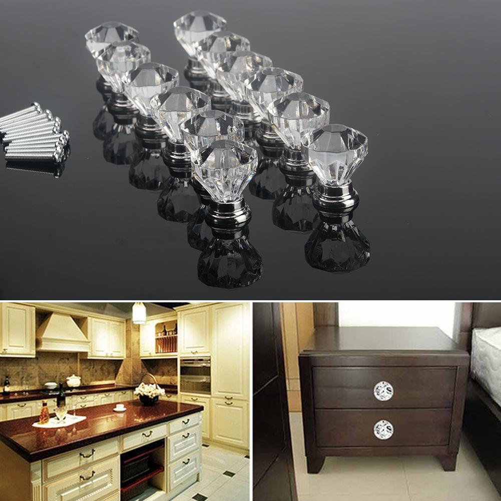 12Pcs Acrylic Crystal Door Knobs Drawer Cabinet Furniture Kitchen Handle Top UhkE