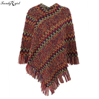 trendygirl Knitwear Women Cape Coat Knitted Warm Cloak Coat Striped for Daily Wear