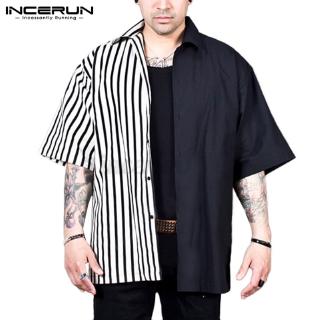 INCERUN Mens Casual Baggy Striped Short Sleeve Patchwork Top