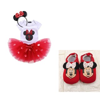 Baby Minnie Mouse Tutu Dress Shoes Set Headband Mickey Romper Skirt Birthday Party Polka Dots Red