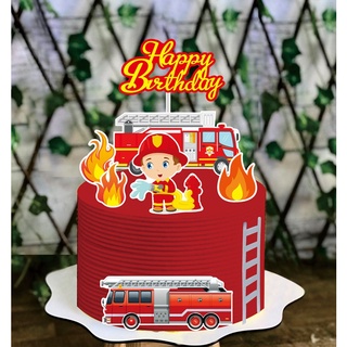 Cake Topper Firefighters Fireman Set Fire Ladder Truck DIY Cake Cupcake Toppers Kids Boys Men Birthday Party Dessert Decor Flags