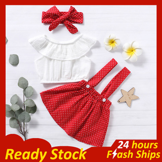 Baby Clothes Summer Ootd for Baby Girl Babies Kids Ruffle Tshirt Top Polka-dot Suspender Button Skirt Headband 2pcs Clothes Set Clothes for Baby Girl Baby Dress