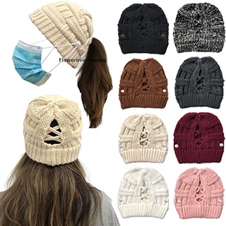 FOFI Winter bamboo ponytail knitted hat buttons HOT