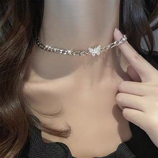 Xuyu Korea Fashion Rhinestone Butterfly silver Choker Light Luxury Clavicle Necklace Short Chain Jewelry