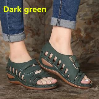 【Ready STOCK】Women's Wedge Leather Sandals Fashion Hollow Velcro Large Size Breathable Anti slip Sandals (6)