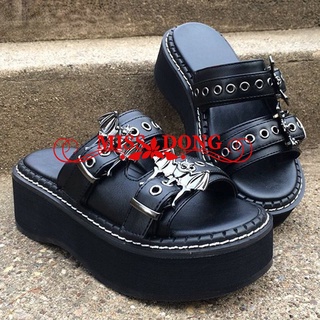Sorphio Summer 2020 Double Strap Buckles Platform Wedges Fashion Goth Slippers Hot Women's Matal Sandal For Comfy Black Shoes