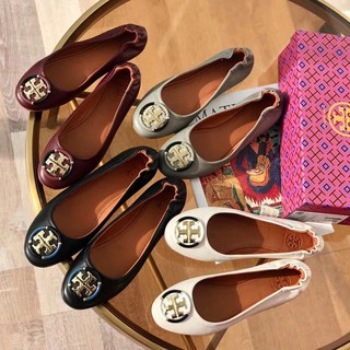 【Hot Sales！！】Tory Burch Lady‘s 2021 Comfortable and breathable soft leather colorblock Logo rounded flat shoes