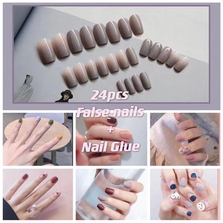 【With Glue】24Pcs Fake Nails Set With Glue French Finger Nail Art False Nails COD