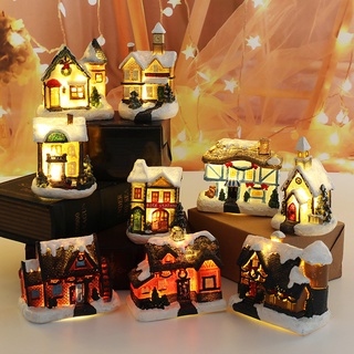 Christmas Decorations Resin House Creative Luminous Micro Landscape Christmas Village Scene Ornament Xmas Decoration