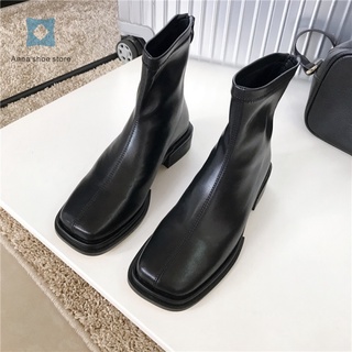 2021Autumn New Boots Fashion Korean Style Square Toe Zipper Chunky Heel Ankle Boots