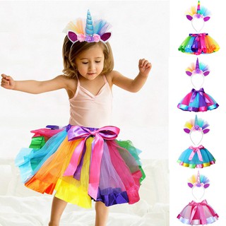 COD Girls Kids Party Dance Ballet Costume Rainbow Layered Tutu Skirt+Hairband Set